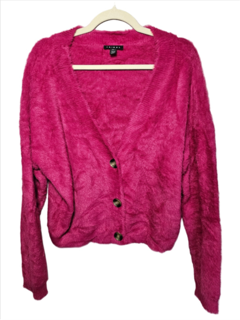 Tribal Hot Pink Fuzzy Eyelash Knit Cropped Cardigan Sweater - G/L (Large) EUC